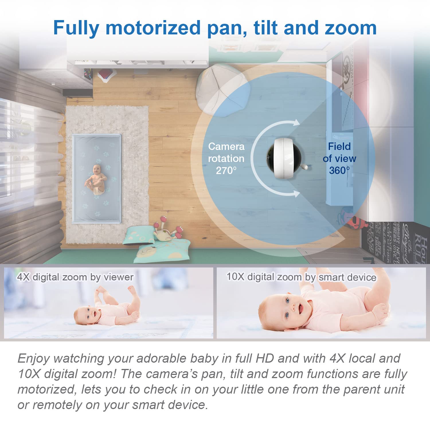 VTech RM7764-2HD 1080p Smart WiFi Remote Access 2Camera BabyMonitor, 360° Pan&Tilt, 10X Zoom, 7” 720p HD Display, HD NightVision, Soothing Sounds, 2-Way Talk, Temperature&Motion Detection, iOS&Android