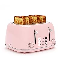 Toaster 4 Slice, Retro Stainless Toaster with 6 Bread Shade Settings,1.5''Wide Slots Toaster with Cancel/Defrost/Reheat Functions,Dual Independent Control Panel, Removal Crumb Tray (Pink)