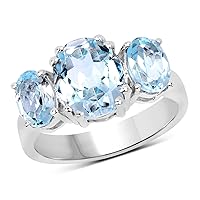 4.01 Carats Genuine Blue Topaz Three Stone Oval Ring Solid .925 Sterling Silver with Rhodium Plating
