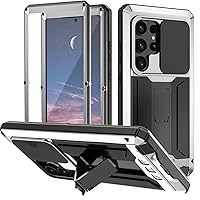 XRJNFHI-- Metal Case for Samsung Galaxy S24 Ultra/S24 Plus/S24, Slide Camera Cover Screen Protector Full Body Case Kickstand Military Heavy Duty Case (S24,Silver)