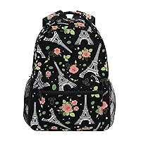 ALAZA Eiffel Tower Rose Flower Floral Backpack Purse with Multiple Pockets Name Card Personalized Travel Laptop School Book Bag, Size S/16 inch