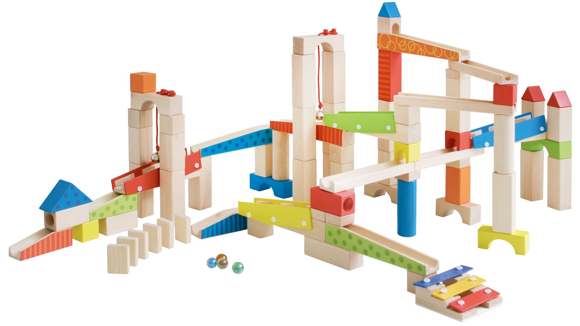 Roba Wooden Marble Run Set - 100 Pieces, 20 Glass Marbles & 80 Building Blocks, Ages 3+