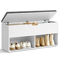 VASAGLE Shoe Bench with Cushion, Storage Bench, Entryway Bench with Storage, Shoe Rack Bench, 2 Open and 1 Hidden Compartments, Shoe Shelf, for Living Room, Bedroom, White and Gray ULHS021W01