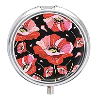 Round Pill Box Floral Red Poppies Portable Pill Case Medicine Organizer Vitamin Holder Container with 3 Compartments