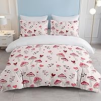 Pink Mushroom Duvet Cover Set Queen Size, Nature Love Plant Trippy Mushroom Bed Set, Hippie Aesthetic Cottage Core 3 Piece Mushroom Comforter Bedding Set Bedroom Decor