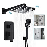 8 Inch Shower System with Tub Spout, Black Shower Faucet Set for Bathroom, Square High Pressure Shower Head, 2-Setting Handheld Faucets Sets, Wall Mounted Rainfall Shower Valve Kit