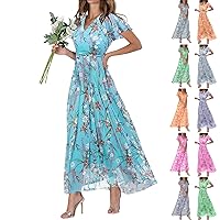 Womens Ruffle Sleeve Summer Dresses 2024 Elegant Chiffon Dresses Floral Wrap V Neck Maxi Dress Boho Beach Flowy Dress