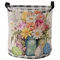 Laundry Baskets Flowers Eggs Vase Collapsible Clothes Hamper Watercolor Black Buffalo Plaid Foldable Freestanding Laundry Hamper with Handle Storage Basket for Laundry 16.5x17in