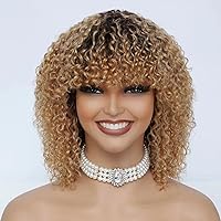human wigs short curly wig with bangs 100% human hair no lace front wigs ombre brown and blonde highlight 4/27 human wig glueless wig for black women 12 inch
