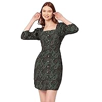 Printed Short Dresses for Women, Button-Up Square Neck 3/4Th Sleeve Dress