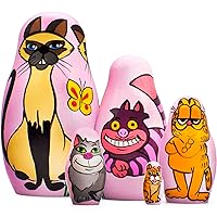 Matryoshkas Cats from Cartoons Set 5 pcs Unique Wooden Figurines