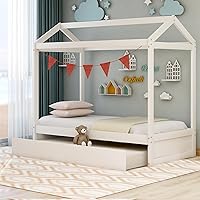Twin Size House Bed Frame with Trundle,Montessori Bed with Trundle and Roof Design,Solid Pine Wood Bed Frame for Girls and Boys, No Box Spring Need, White