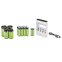 Amazon Basics USB Battery Charger Pack with AA (8-Pack), AAA (2-Pack) Rechargeable Batteries, C and D Converters – White