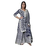Navy Blue Cocktail Party Wear Indian Women Bollywood Designer Cotton Sharara Garara Straight Kurti Festival Suit