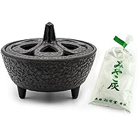 Cast Iron Japanese Lotus Shaped Incense Joss Stick Holder in Black & White Ash Set