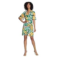 Maggy London Women's Floral Printed Surplus Bodice Flutter Sleeve Dress with Ruched Side Front Skirt