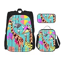3-In-1 Backpack Bookbag Set,Colorful Giraffe Fans Lovers Print Casual Travel Backpacks,With Pencil Case Pouch, Lunch Bag