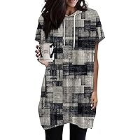 Summer Hoodies for Women Short Sleeve Crew Neck Oversized Sweatshirts Drawstring Printed Tunic Topss with Pockets