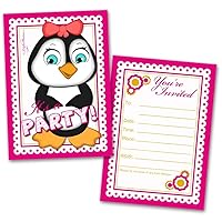 Leigha Marina Girl Penguin Party Invitation Cards for Kids, 20 Invites & 20 Envelopes - Fill in the Blank Greeting Notes - Multi-Use, Birthday, Themed Celebration