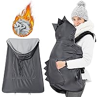 Orzbow Baby Winter Carrier Cover with Detachable Hood, Waterproof & Windproof, with Big Pockets, Universal for Baby Carriers and Baby Waist Stool|with Storage Bag, Dark Grey Dinosaur