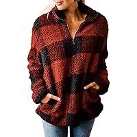 MEROKEETY Women's Plaid Sherpa Fleece Zip Sweatshirt Long Sleeve Pullover Jacket
