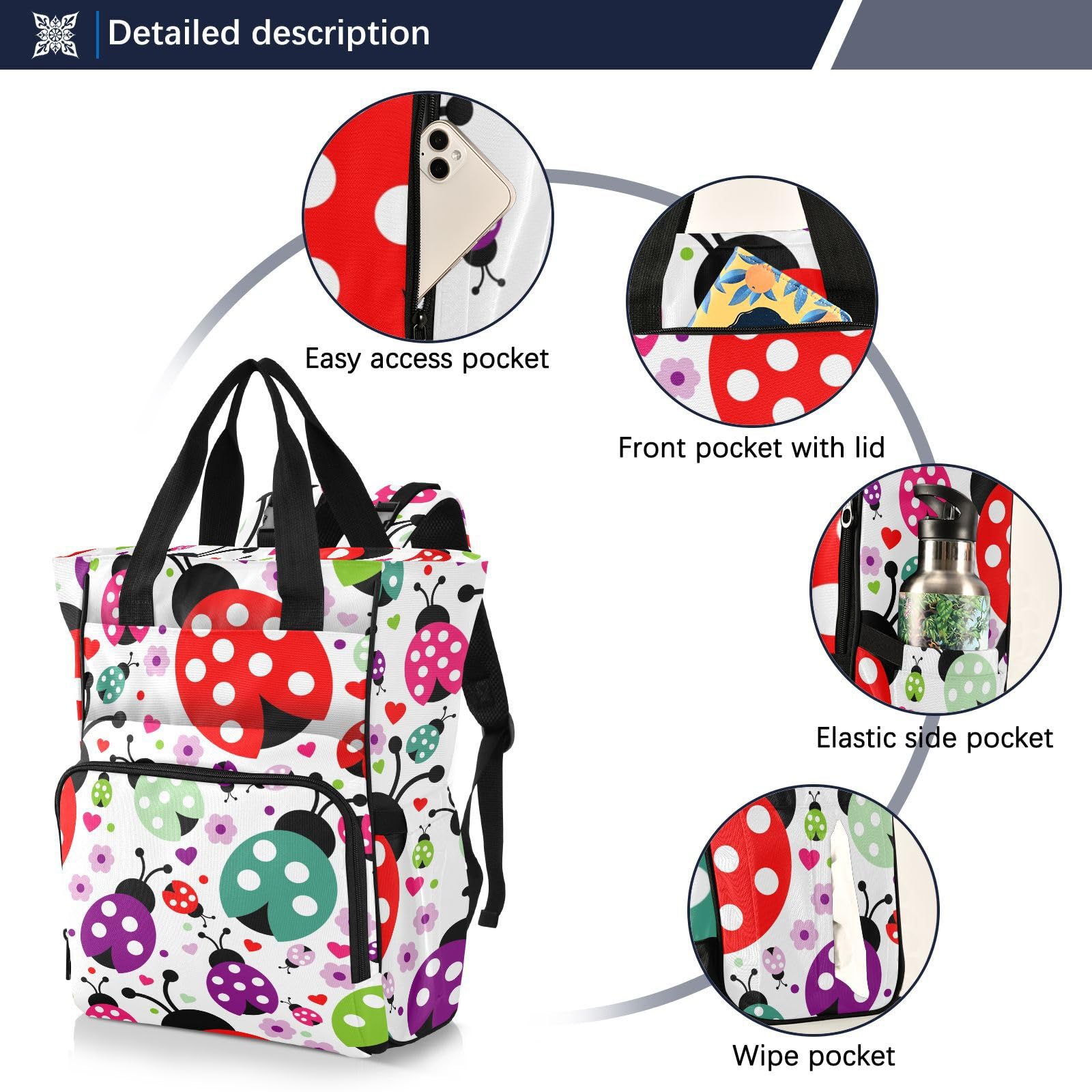 innewgogo Colorful Ladybird Polka Dot Diaper Bag Backpack for Baby Girl Boy Large Capacity Baby Changing Totes with Three Pockets Multifunction Baby Essentials for Travelling Picnicking