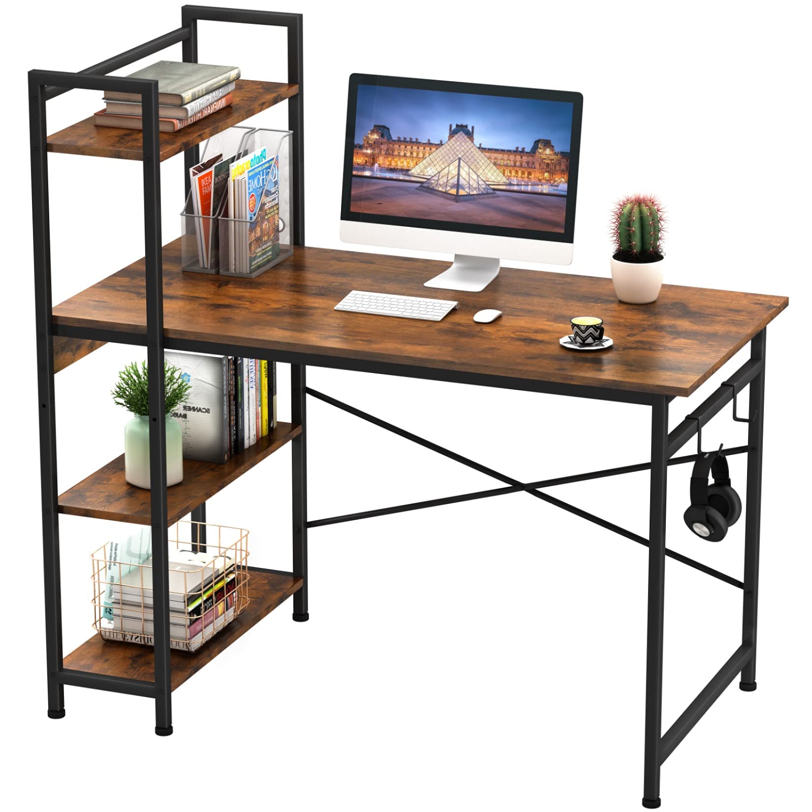 Engriy Computer Desk with 4 Tier Shelves for Home Office, 47" Writing Study Table with Bookshelf and 2 Hooks, Multipurpose Industrial Wood Desk...