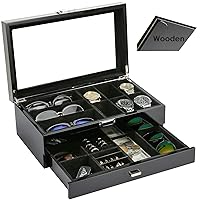 ProCase Wooden Men's Jewelry Box, Watch and Sunglasses Box Organizer for Men, 2-Tier Watch Holder and Glasses Display Cases with Clear Glass Top and Storage Drawer -Black