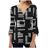 Ceboyel Womens Marble Print Tops 3/4 Length Bell Sleeve Blouses V Neck Tunic T Shirts Trendy Casual Summer Clothes 2023
