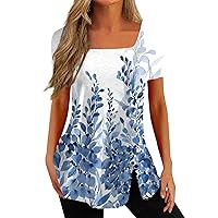 Summer Tops for Women 2024 Side Slit Short Sleeve Button Printed Loose Tops Tshirts Square Neck Tunic Shirts Blouses