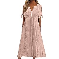 Women's Summer V Neck Button Tie Short Sleeve Dress Eyelet Embroidery Pleated Plain Solid Color Beach Midi Dresses (XX-Large, Beige)