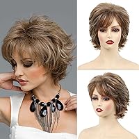 SCENTW Layered Brown Highlight Pixie Wigs for White Women Short Ombre Blonde Curly Wig Fluffy Layered Synthetic Hair Wig with Bangs Natural Wavy Synthetic Hair Replacement Wig