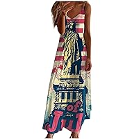 Statue of Liberty 4th of July Dress Women Spaghetti Strap Sleeveless V Neck Maxi Dress Summer Flowy Casual Sundress