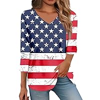 Womens Fashion 3/4 Sleeve Blouse V Neck Tunic Loose Summer Independence Day Print Tee Trendy Comfy Tee 2024 Tops