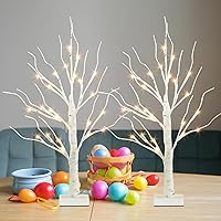 EAMBRITE Easter Decorations, 2PK Easter Tree Lights with Honeycomb Bunny and Egg Ornaments, Lighted Birch Tree centerpieces, Battery Powered Spring Trees for Tabletop Mantel Home Decor (2FT, Timer)