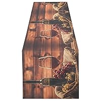 ALAZA Double-Sided Red Wine Glass and Grape in Basket in Wooden Table Runner 18x72 Inches Long,Table Cloth Runner for Wedding Birthday Party Kitchen Dining Home Everyday Decor