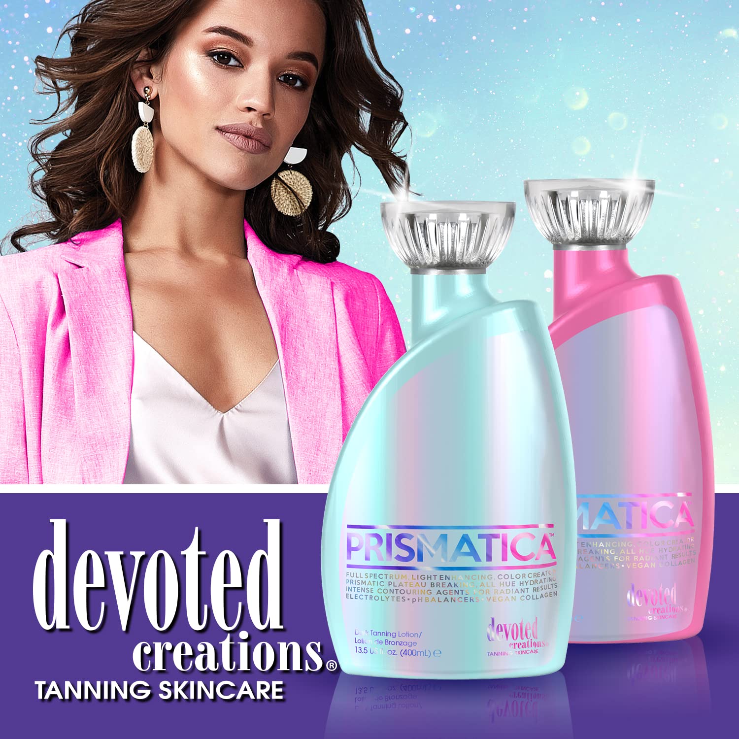 Devoted Creations Prismatica - Blue Hued Dark Tanning Optimizer with Sugarcane Derived Squalane, Vegan Collagen, Light Activated Photosomes, Anti-Orange Technology, Tattoo & Color Fade Protecting - Use with Blue Light, Red Light, and UV Light 13.5 oz