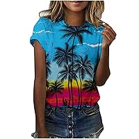 Hawaiian Shirts for Women Palm Trees Graphic Tees Summer Beach Vacation Tops Casual Short Sleeve Round Neck T Shirt