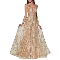 Women's Sparkle V-Neck Tulle Prom Dresses Long Glitter Formal Evening Dresses Ball Gowns