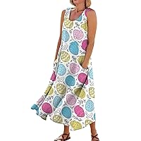 Plus Size Dresses for Curvy Women Summer Boho Sleeveless Tank Dress U Neck Ruffle Beach Sun Dress with 2 Side Pockets