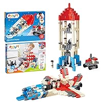 Hape PolyM Space Adventure Rocket Construction Kit | 138 Piece Building Brick Toy Play Set for Kids - Figurines and Accessories Included