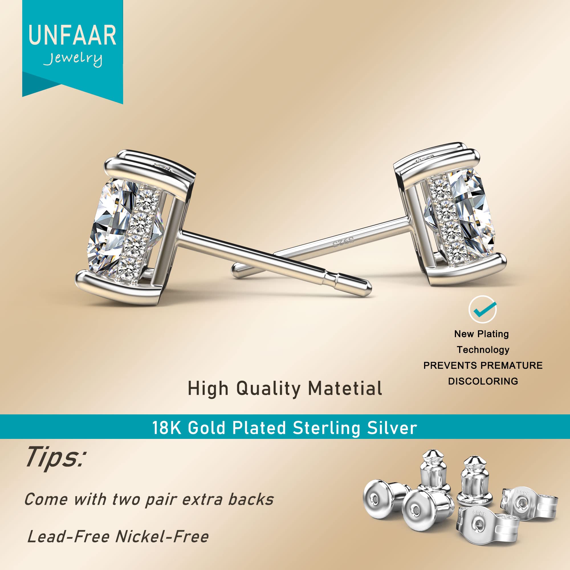 UNFAAR 18K White Gold Plated Sterling Silver Princess Cut Cubic Zirconia Stud Earrings Square CZ Diamond Stud Earrings for Women Men Hypoallergenic