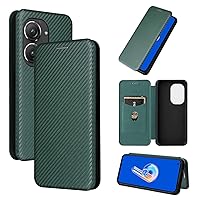 Cell Phone Flip Case Cover for Asus Zenfone 9 Case, Luxury Carbon Fiber PU+TPU Hybrid Case Full Protection Shockproof Flip Case Cover for Asus Zenfone 9 (Color : Green)