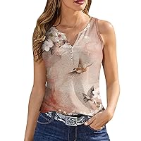 Womens Classy Tank Tops 2024 Working Print Sleeveless Soft T-Shirt Button Down V Neck Loose Fit Casual Trendy Tees