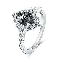 Victorian Art Deco 1.5 Carat Oval Natural Black Rutilated Quartz Ring Filigree Halo Round Cubic Zirconia Rings for Women Sterling Silver Black Stone Cocktail Rings Plated by Platinum Half Eternity CZ Vintage Women's Promise Rings Gifts