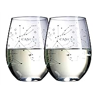 The Wine Savant Set of 2 Zodiac Sign Wine Glasses with 2 Wooden Coasters Astrology Drinking Glass Set with Etched Constellation Tumblers for Juice, Water Home Bar Horoscope Gifts 18oz (Cancer)
