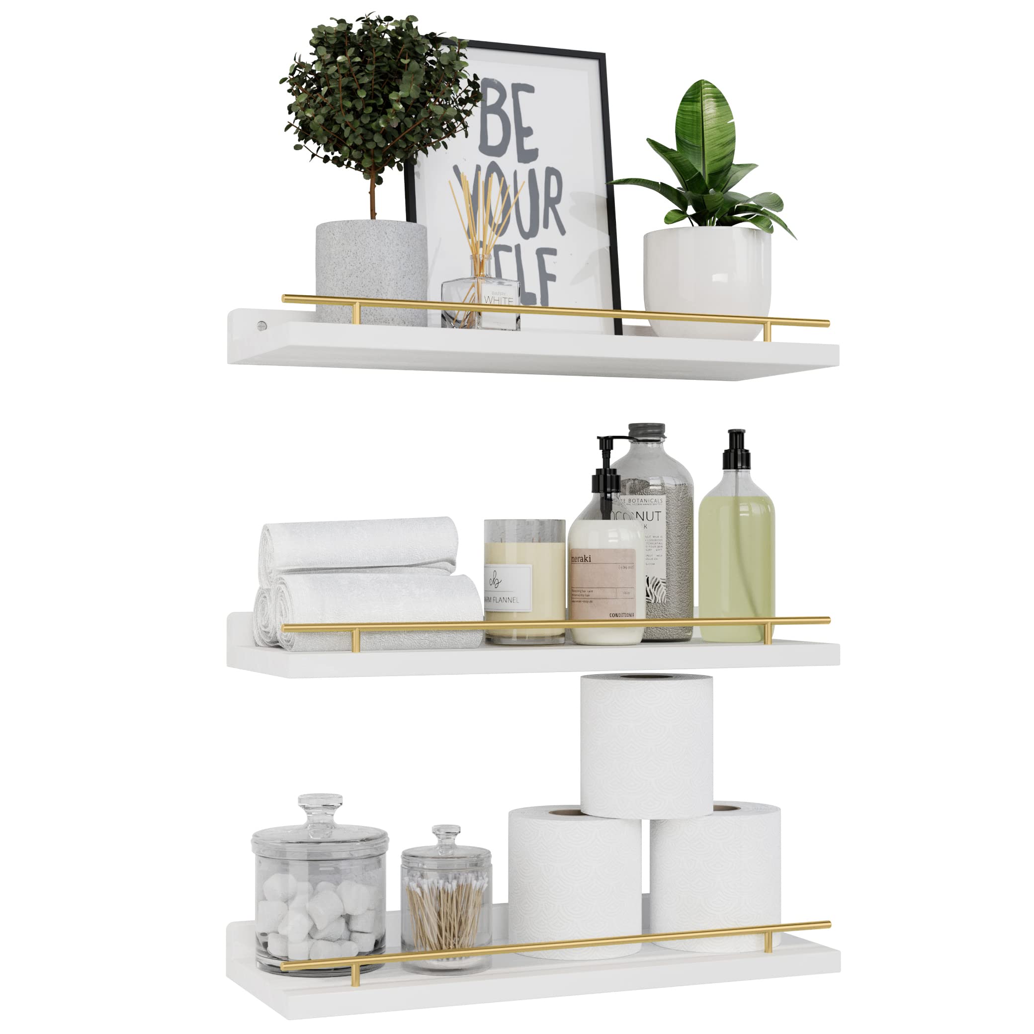 Mua WOPITUES Floating Shelves with Gold Metal Guardrail, Shelves ...