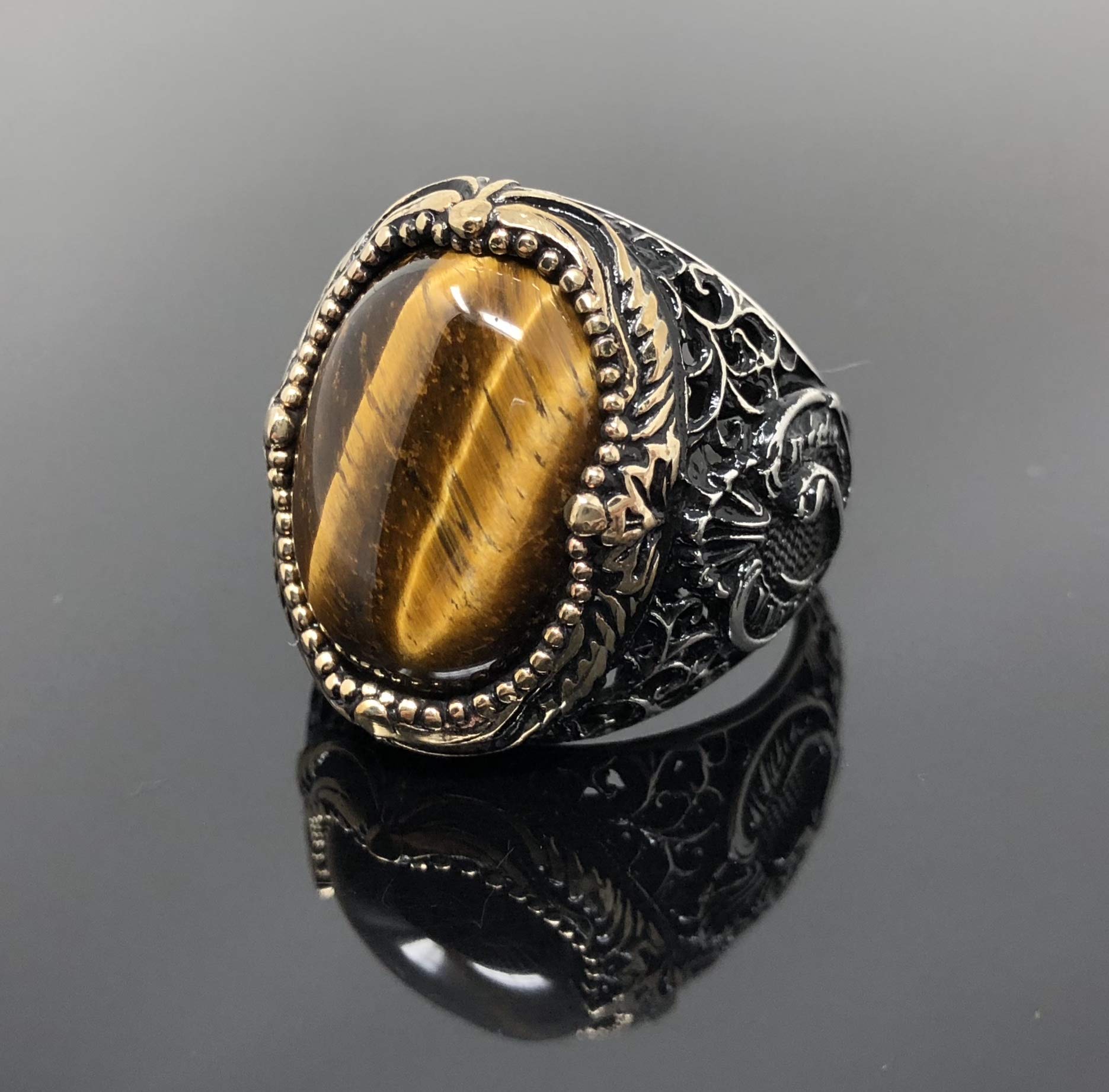 KAR 925K Stamped Sterling Silver Men Natural Tiger Eye Ring I1B