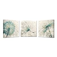 3 Pieces Teal Dandelion Canvas Wall Art Abstract Neutral Green Blowing Flower on Rustic Wood Background Framed Artwork for Bedroom Bathroom Home Decor Ready to Hang Each Size 16x16inch (Medium)
