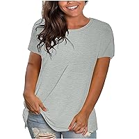 Women Tops Casual Basic T Shirts Loose Fit Crewneck Short Sleeve Summer Solid Color Outfits